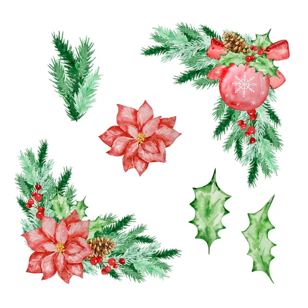 Cadre Noël Aquarelle Branches Sapin Pin Avec Décorations Pour Conception — Photo