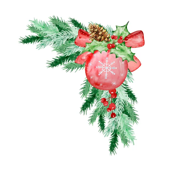 冬のデザインの装飾とモミや松の枝の水彩クリスマスフレーム — ストック写真