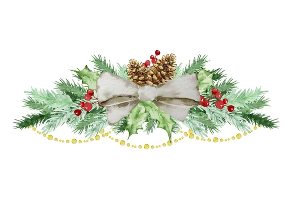 Acuarela Marco Navidad Ramas Abeto Pino Con Decoraciones Para Diseño — Foto de Stock