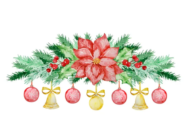 杉木和松树枝条的水彩画圣诞框架 配有冬季设计装饰 — 图库照片