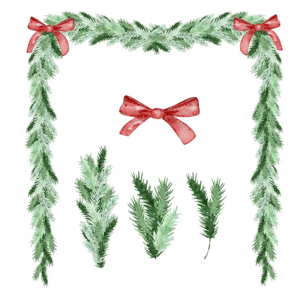 Cadre Noël Aquarelle Branches Sapin Pin Avec Des Arcs Pour — Photo