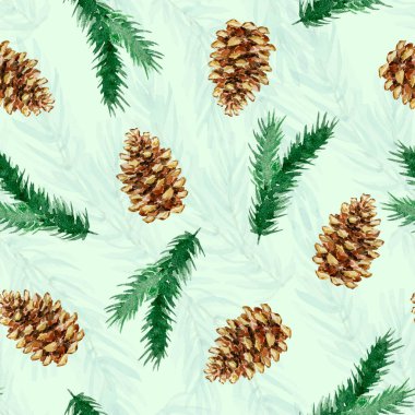 Kış tasarımı için suluboya ladin, çam dalları ve kozalakların kusursuz Noel deseni