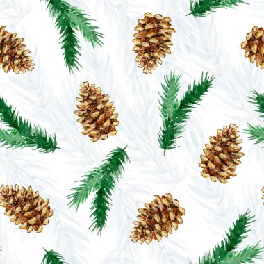 Kış tasarımı için suluboya ladin, çam dalları ve kozalakların kusursuz Noel deseni