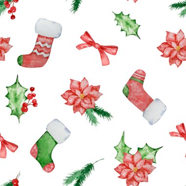 Kış tasarımı için suluboya Noel çoraplarının kusursuz deseni