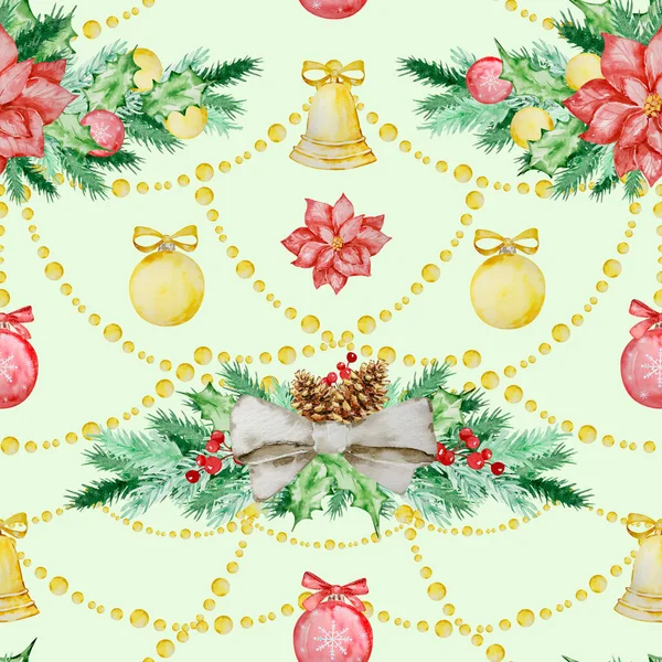Vánoční Bezešvé Vzor Akvarel Slavnostní Vánoční Strom Věnce Pro Zimní — Stock fotografie