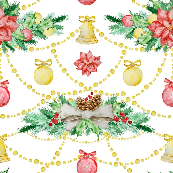Vánoční Bezešvé Vzor Akvarel Slavnostní Vánoční Strom Věnce Pro Zimní — Stock fotografie