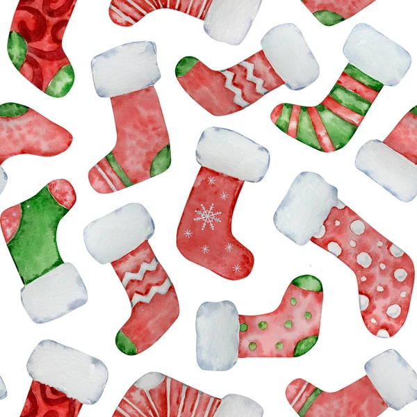 Kış Tasarımı Için Suluboya Noel Çoraplarının Kusursuz Deseni — Stok fotoğraf