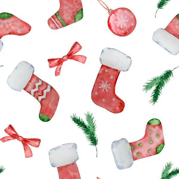 Kış Tasarımı Için Suluboya Noel Çoraplarının Kusursuz Deseni — Stok fotoğraf