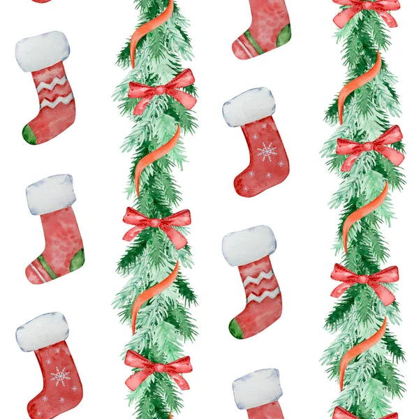 Noel Suluboya Köknar Dalları Kış Tasarımı Için Noel Çorapları — Stok fotoğraf