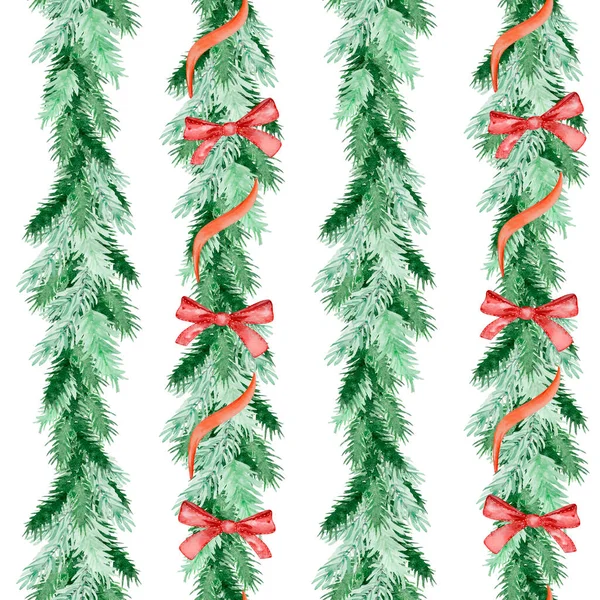 Karácsonyi Zökkenőmentes Minta Akvarell Fenyő Fenyő Ágak Íjak Téli Design — Stock Fotó