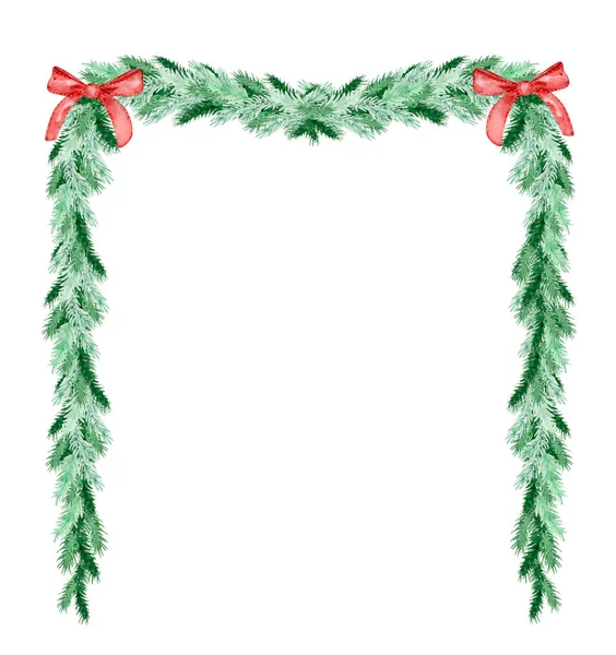 杉木和松树枝条的水彩画圣诞框架 冬季设计用弓 — 图库照片