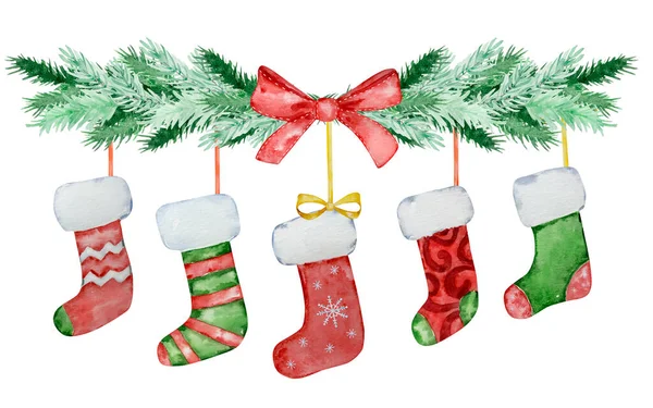 Ilustración Navidad Acuarela Guirnalda Ramas Abeto Con Calcetines Navidad Para — Foto de Stock