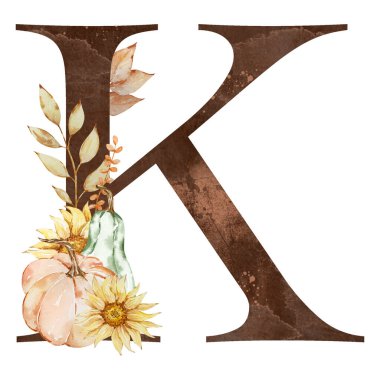 Suluboya alfabesi, K harfi kabaklı ve ayçiçekli Şükran Günü tasarımı için.