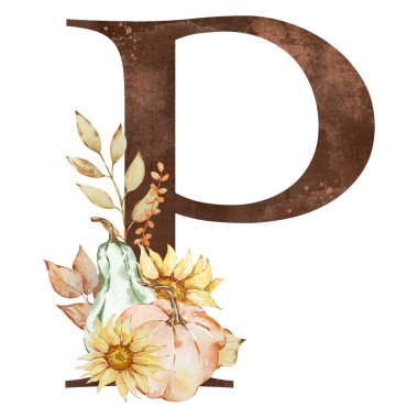 Suluboya alfabesi, P harfi kabaklı ve ayçiçekli şükran günü tasarımı için.