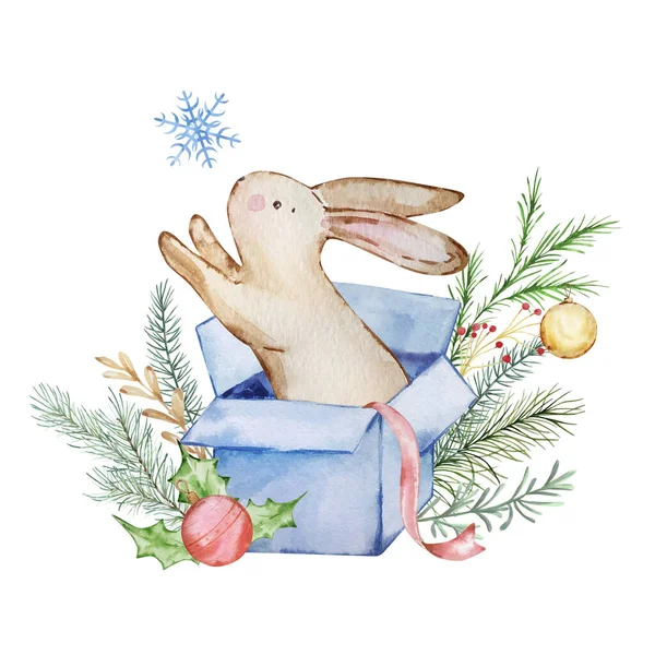 Akvarel Vánoční Ilustrace Králík Dárkové Krabici Sněhovou Vločkou — Stock fotografie
