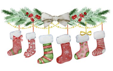 Suluboya Noel illüstrasyonu, Noel çoraplı köknar dalları kış tasarımı için.