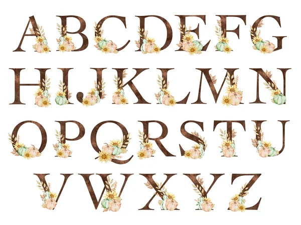 带有南瓜和向日葵的水彩字母 用于感恩节设计 — 图库照片