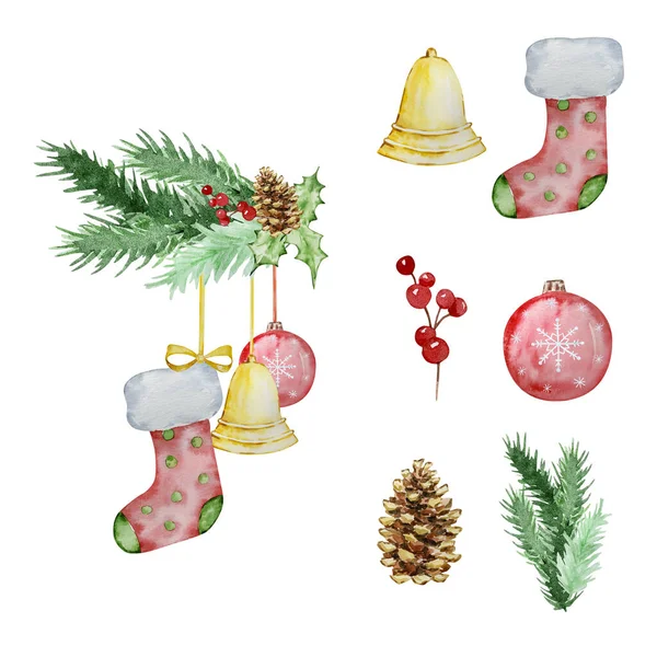 冬のデザインのためのクリスマスソックスとモミの枝のガーランドの水彩クリスマスイラスト — ストック写真