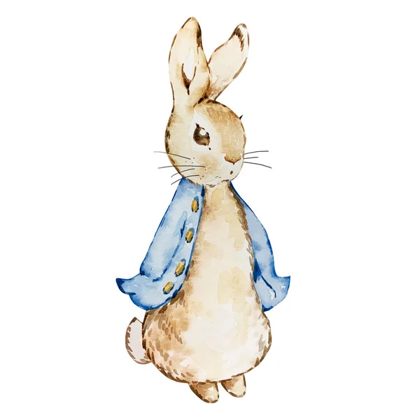 蓝色夹克中水彩画可爱的兔子 用于卡片设计和打印 — 图库照片