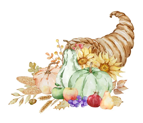 Autumn Illustration Watercolor Cornucopia Pumpkin Thanksgiving Day Design — Stock Photo, Image