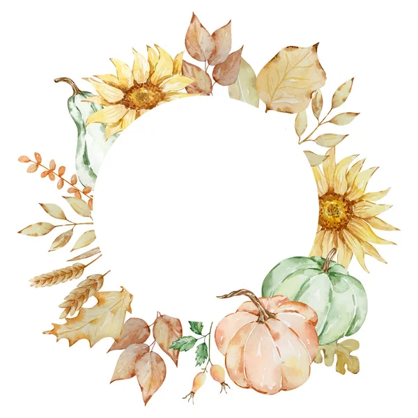 Jesienna Okrągła Rama Akwareli Dynie Słoneczniki Projektowania Dzień Dziękczynienia — Zdjęcie stockowe