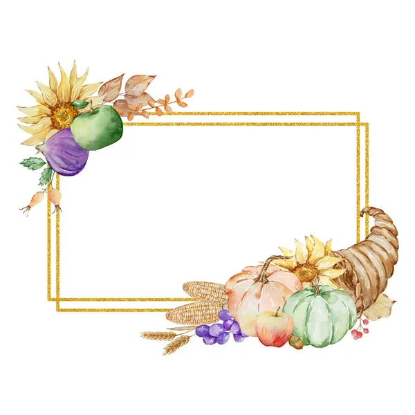 stock image Autumn golden geometric frame made of watercolor cornucopia and pumpkins for thanksgiving day design