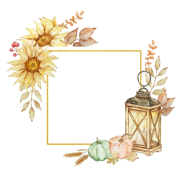 Autumn Golden Geometric Frame Made Watercolor Lantern Pumpkins Thanksgiving Day — Stock Photo, Image