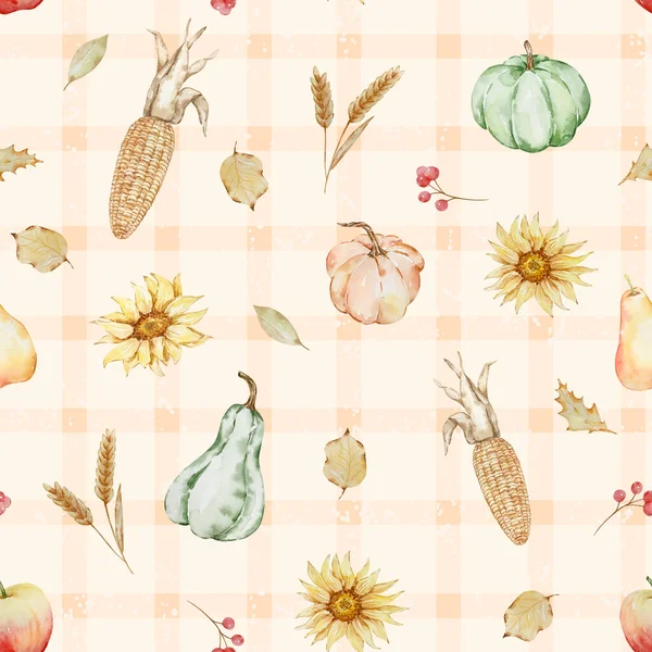 Herbst Nahtlose Muster Aquarell Kürbisse Und Mais Für Erntedankfest Design — Stockfoto
