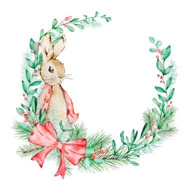 Suluboya Tavşan Peter kışın yeşillik çelengi ile Noel bebek partisi için