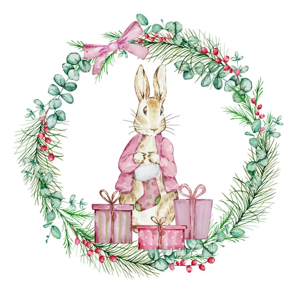 Υδατογραφία Peter Rabbit Χριστουγεννιάτικο Αποθηκευτικό Και Χειμωνιάτικο Πράσινο Στεφάνι Για — Φωτογραφία Αρχείου
