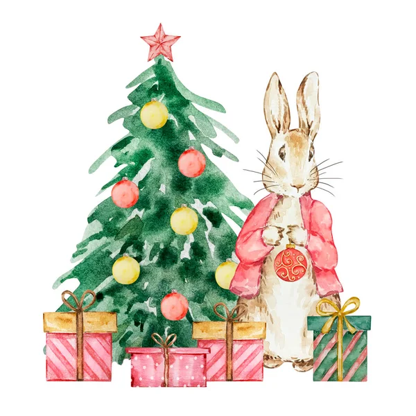 Akvarel Peter Králík Zdobeným Vánočním Stromečkem Dárky Pro Dětský Design — Stock fotografie