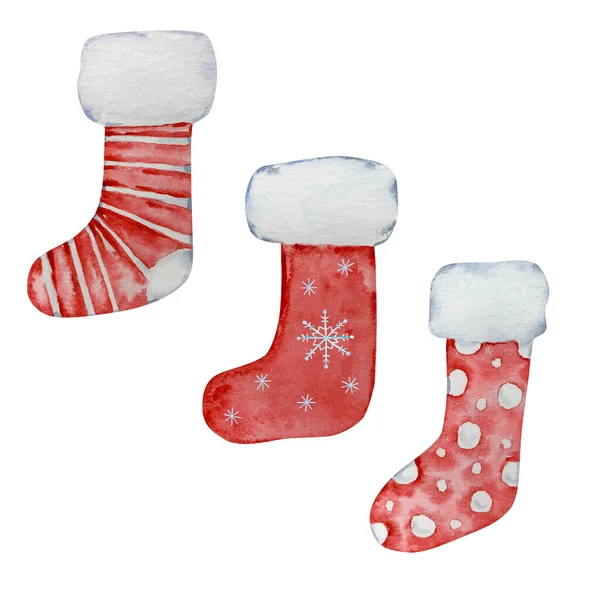 Σετ Νερομπογιάς Χριστουγεννιάτικες Κόκκινες Και Πράσινες Κάλτσες Για Χειμερινό Σχεδιασμό — Φωτογραφία Αρχείου