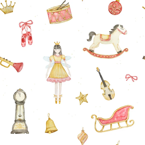 妖精のバレリーナ 馬やお祝いのデザインのためのおもちゃと水彩クリスマスシームレスパターン — ストック写真