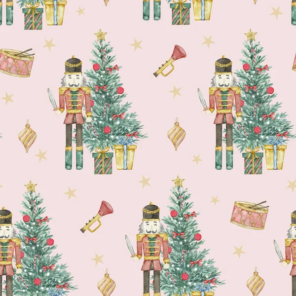 Watercolor Christmas Seamless Pattern Soldier Christmas Tree Toys Festive Design — Stock Photo, Image