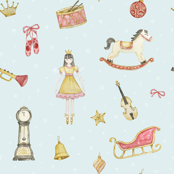 Watercolor Christmas seamless pattern with fairy ballerina, horse and toys for festive design