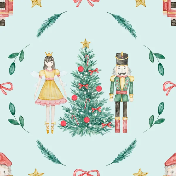 Watercolor Christmas Seamless Pattern Fairy Ballerina Soldier Nutcracker Festive Design — Stock Photo, Image