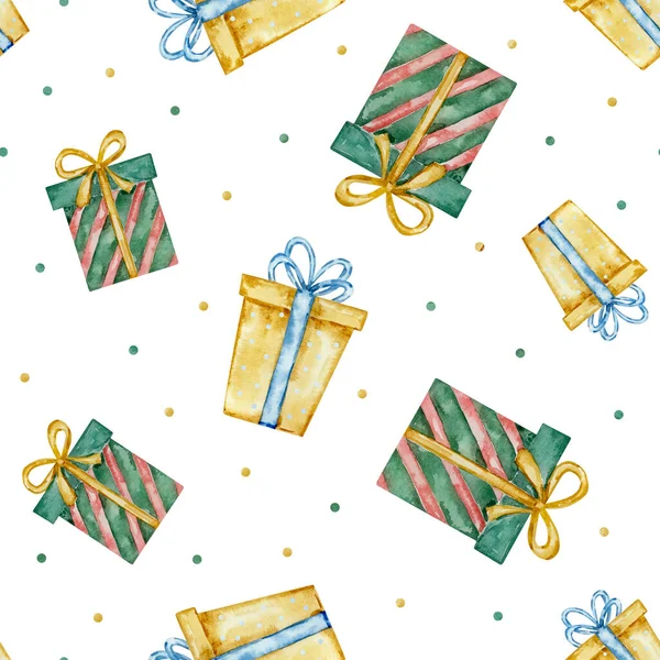 冬のデザインのためのギフトボックス付き水彩クリスマスシームレスパターン — ストック写真