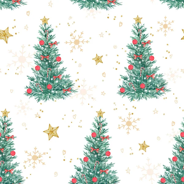 Noel Ağacı Yıldız Kar Taneleriyle Suluboya Noel Desenleri Şenlik Tasarımı — Stok fotoğraf