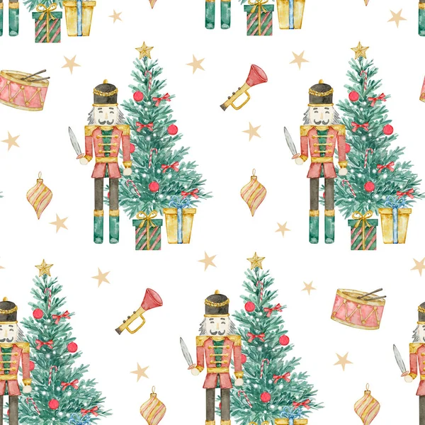Padrão Sem Costura Natal Aquarela Com Árvore Natal Soldado Brinquedos — Fotografia de Stock