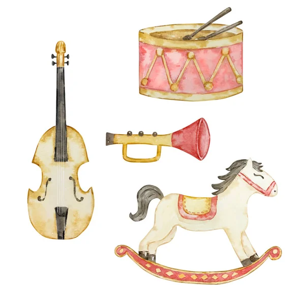 Aquarell Nussknacker Weihnachten Pferd Trommel Und Geige Spielzeug Für Urlaub — Stockfoto