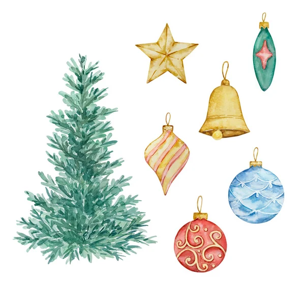 Aquarell Nussknacker Weihnachtsbaum Und Weihnachtsspielzeug Für Die Feiertagsgestaltung — Stockfoto