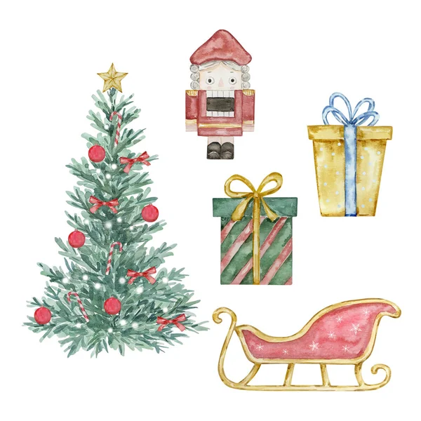 Acuarela Cascanueces Árbol Navidad Trineo Regalos Para Diseño Vacaciones — Foto de Stock