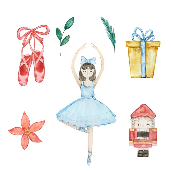 Akvarell Diótörő Karácsonyi Balerina Pointe Cipő Ünnep Design — Stock Fotó