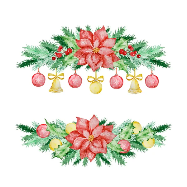 Cadre Noël Aquarelle Branches Sapin Pin Avec Décorations Pour Conception — Photo