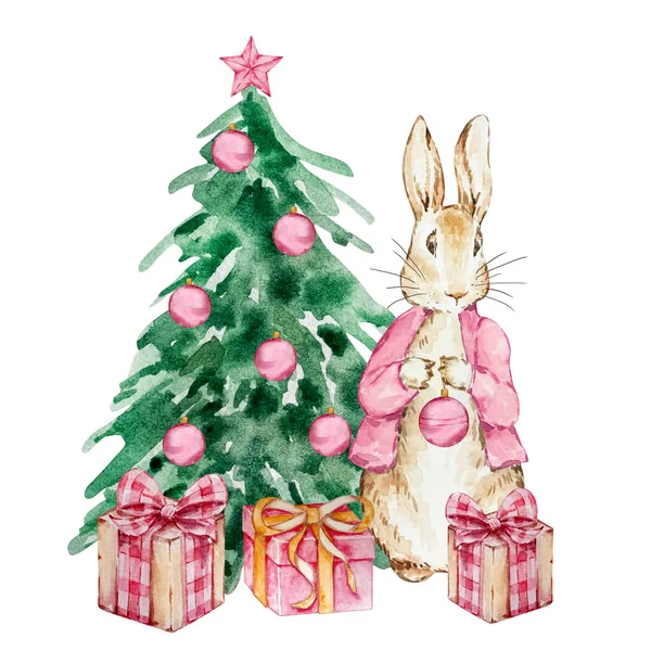 Akvarel Peter Králík Zdobeným Vánočním Stromečkem Dárky Pro Dětský Design — Stock fotografie