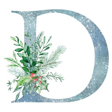 Tatil tasarımı için bir buket kış yeşiliyle suluboya Noel Mektubu D