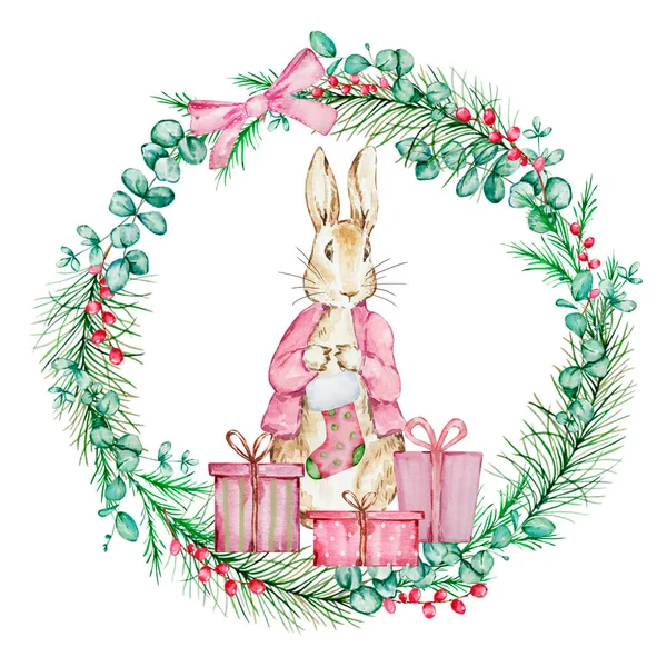 Akvarel Peter Králík Vánoční Punčochou Zimní Zeleň Věnec Pro Slavnostní — Stock fotografie