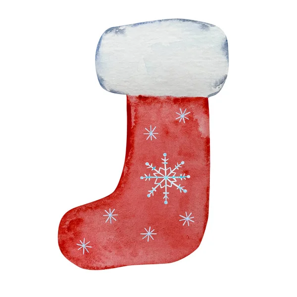 Akvarel Vánoce Červená Punčocha Sněhovými Vločkami Pro Zimní Design — Stock fotografie