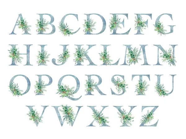 Υδατογραφία Χριστουγεννιάτικο Αλφάβητο Ένα Μπουκέτο Πράσινο Χειμώνα Και Μούρα Για — Φωτογραφία Αρχείου