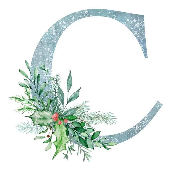 Acquerello Lettera Natale Con Mazzo Verde Invernale Design Delle Vacanze — Foto Stock